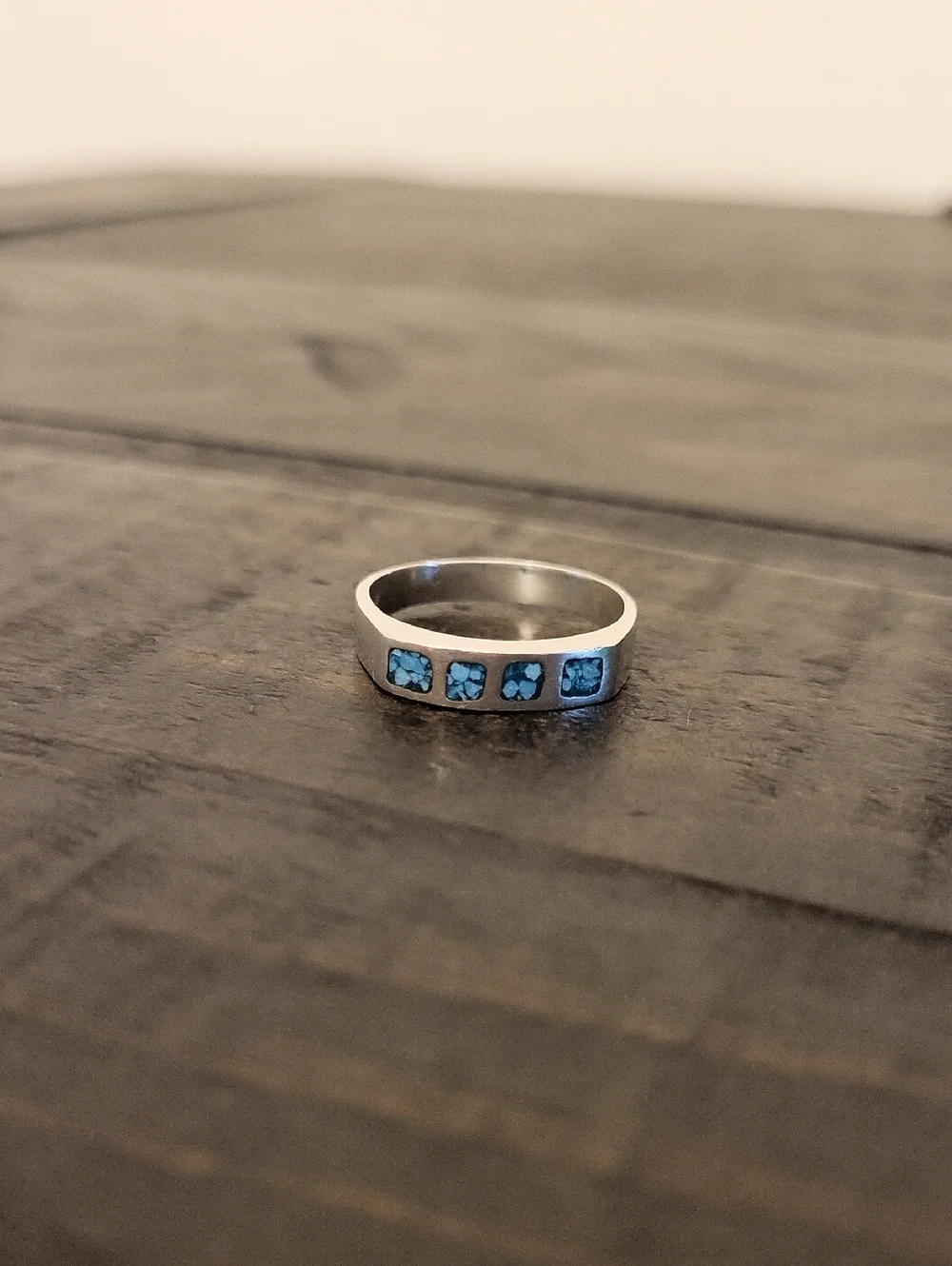 Vintage Mexico 925 Sterling Turquoise Mosaic Chip Inlay Band Ring